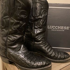 Lucchese Crocodile Western Boots, Black, Size 9.5. Square toe, 1.5” heel